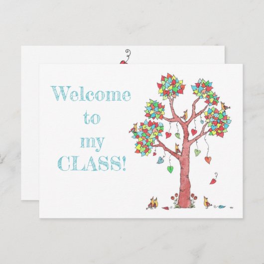 Willkommen beim Klassenbaumherz und Vogellehrer Postkarte (Vorne/Hinten)
