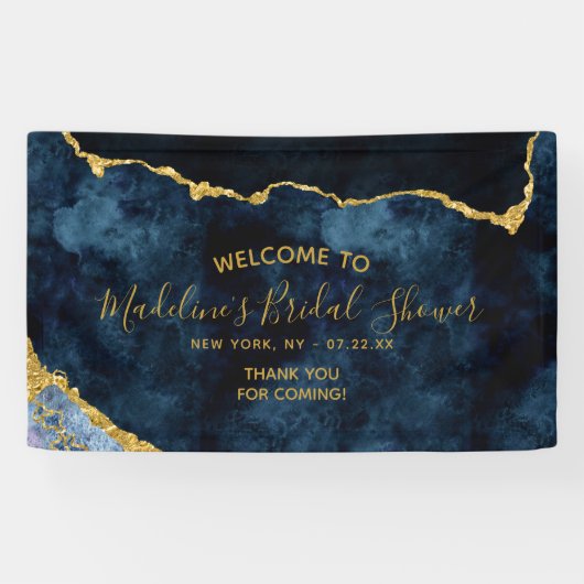Willkommen beim Navy Blue Gold Foil Agate Brautpar Banner (Horizontal)