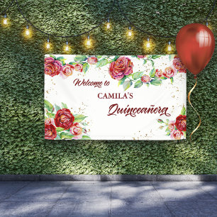 Willkommen beim Quinceanera Roten Rosen-Blumengirl Banner