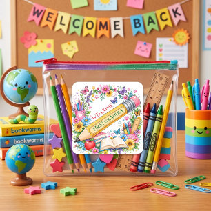 Willkommen beim Retro Bleistift der ersten Klasse Quadratischer Aufkleber