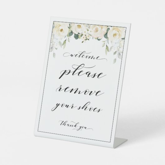 Willkommen Bitte entfernen Sie Ihre Schuhe weißes  Sockelschild (Vorderseite)