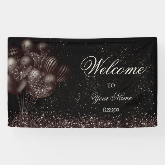 Willkommen Black Glitzer Balloons Sparkle Party Banner (Horizontal)