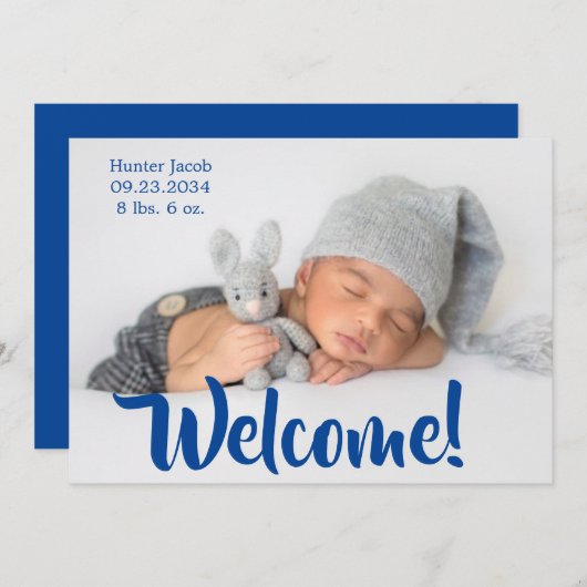 Willkommen Blue Foto Script Personalize Boy Birth Ankündigung (Vorne/Hinten)