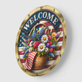 Willkommen Blume Flag Patriotic Große Wanduhr (Winkel)