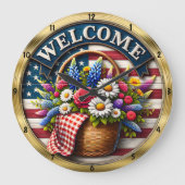 Willkommen Blume Flag Patriotic Große Wanduhr (Vorderseite)
