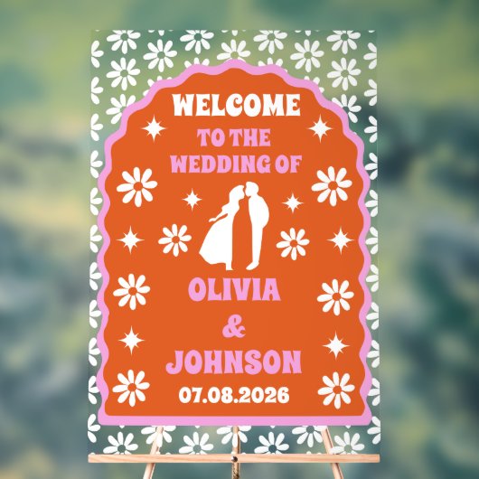 Willkommen Bold Pink Orange Retro Boho Daisy Weddi Acrylschild (Neutral)