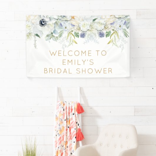 Willkommen Brautparty Name White Florals Leaf Banner (Insitu)