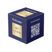 Willkommen Business Logo QR blaue Menütabelle Würfel (Vorderseite Schrägansicht)
