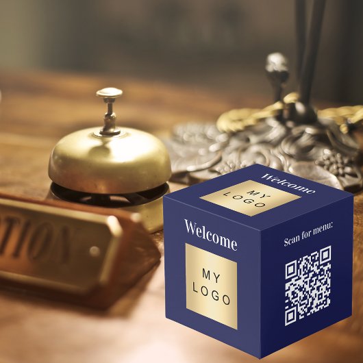Willkommen Business Logo QR blaue Menütabelle Würfel