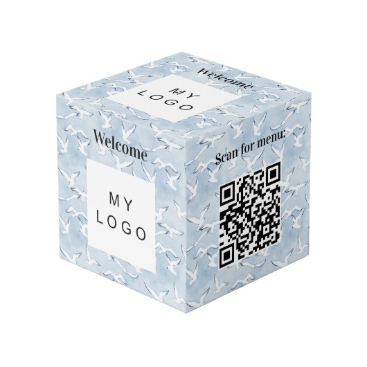 Willkommen Business-Logo QR-Code-Menü am Meer Tabe Würfel (Vorderseite Schrägansicht)