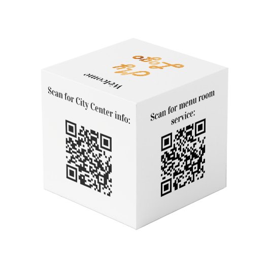 Willkommen Business Logo QR Codes Info Weiße Tabel Würfel (Rückseite Schrägansicht)