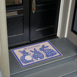 Willkommen Chinoiserie Rabbit Blaues Weißes Bunny Fußmatte