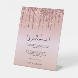 Willkommen COVID Safety Wedding Rose Gold Glitzer Sockelschild