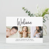 Willkommen Custom Baby Fotos Moderne Skriptgeburt Dankeskarte (Stehend Vorderseite)