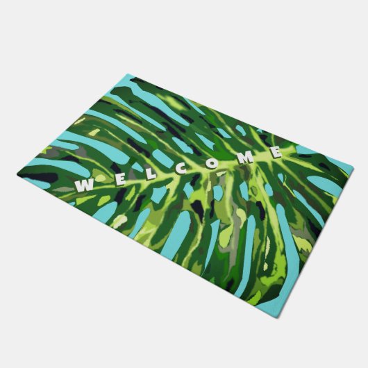 Willkommen Doormat Tropical Monstera Leaf Fußmatte (Schrägansicht)