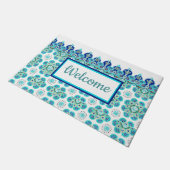 Willkommen Doormat Türkis & Blau Fliesen Design Fußmatte (Schrägansicht)