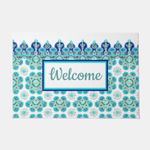 Willkommen Doormat Türkis & Blau Fliesen Design Fußmatte