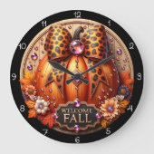 Willkommen Fall Leopard Pumpkin Große Wanduhr (Vorderseite)