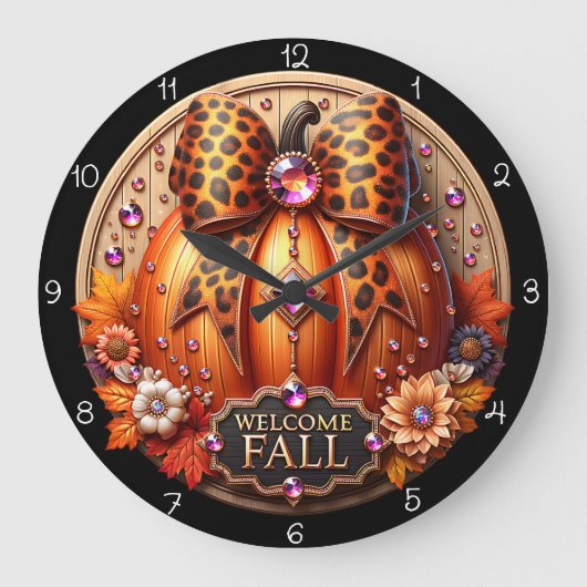 Willkommen Fall Leopard Pumpkin Große Wanduhr (Vorderseite)