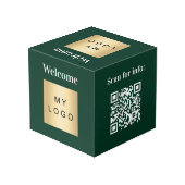 Willkommen Firmenlogo QR-Code, grüne Menütabelle Würfel (Rückseite Schrägansicht)