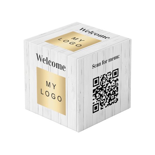 Willkommen Firmenlogo QR-Code-Holzmenü Würfel (Vorderseite Schrägansicht)