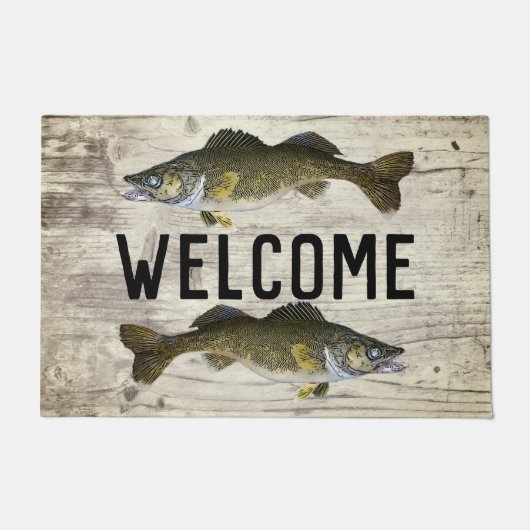 Willkommen Fischen Walleye Fish Lake Zuhause Hütte Fußmatte (Vorderseite)