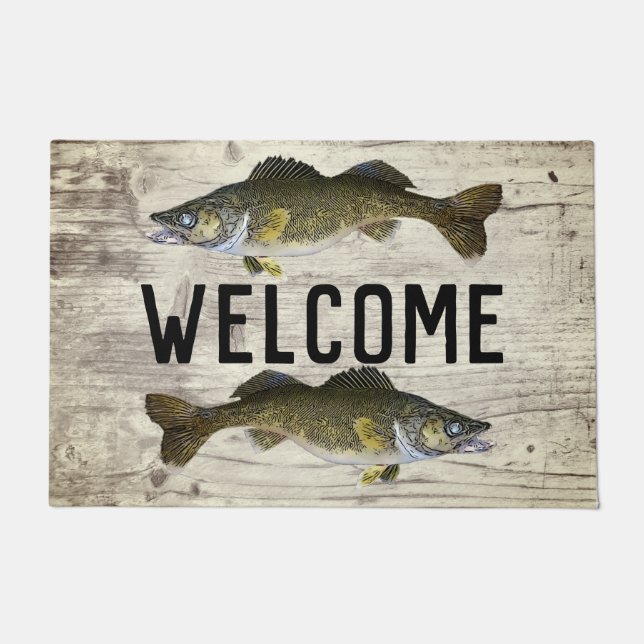 Willkommen Fischen Walleye Fish Lake Zuhause Hütte Fußmatte (Vorderseite)