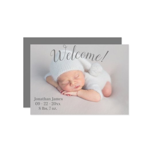Willkommen Foto Gray Script Gender Neutral Birth Ankündigung (Vorderseite/Rückseite Beispiel)