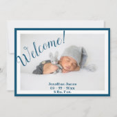 Willkommen Foto Script Blue Stats Birth Ankündigung (Vorderseite)