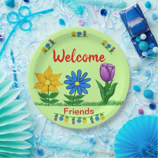 Willkommen Freunde Garten Blume Licht Grün Pappteller (Party)