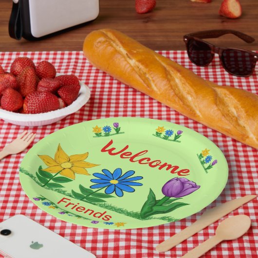 Willkommen Freunde Garten Blume Licht Grün Pappteller (Picknick)