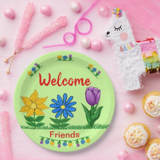 Willkommen Freunde Garten Blume Licht Grün Pappteller (Party)