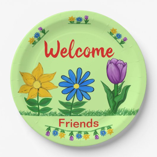 Willkommen Freunde Garten Blume Licht Grün Pappteller (Vorderseite)