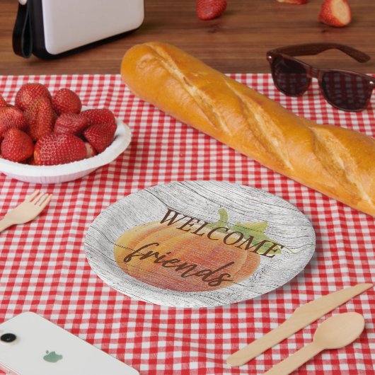 Willkommen Freunde Pumpkin auf witterten Holzplank Pappteller (Picknick)