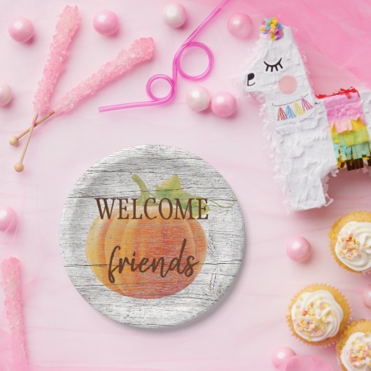 Willkommen Freunde Pumpkin auf witterten Holzplank Pappteller (Party)