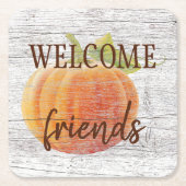 Willkommen Freunde Pumpkin auf witterten Holzplank Rechteckiger Pappuntersetzer (Vorderseite)