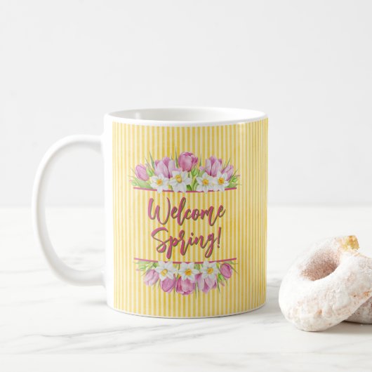 Willkommen Frühling Tulpe und Narzisse Kaffeetasse (Mit Donut)
