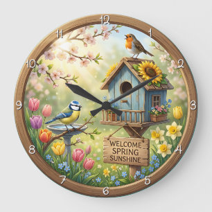 Willkommen Frühlingssonne Vogelhaus Große Wanduhr