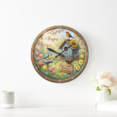 Willkommen Frühlingssonne Vogelhaus Große Wanduhr (Zuhause)