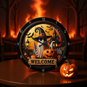 Willkommen Ghost Halloween Nacht Große Wanduhr