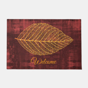 Willkommen Gold Herbstleaf auf Maroon Doormat Fußmatte