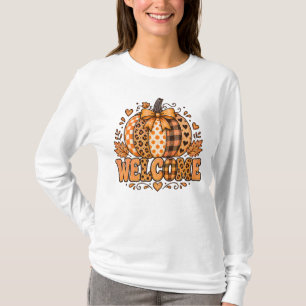 Willkommen Herbst Leopard Patchwork Kürbis Bogen E T-Shirt