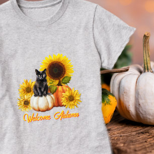 Willkommen Herbst Schwarze Katze Sonnenblumen Kürb T-Shirt