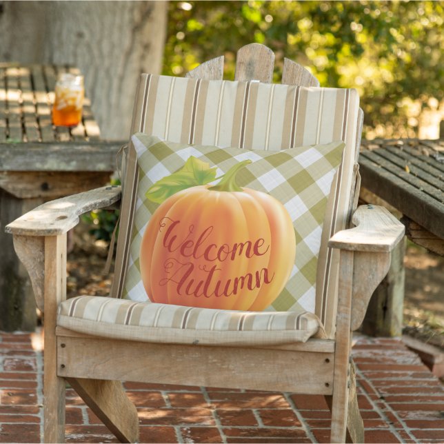 Willkommen Herbsternte Pumpkin auf Gingham Kissen (Stuhl )