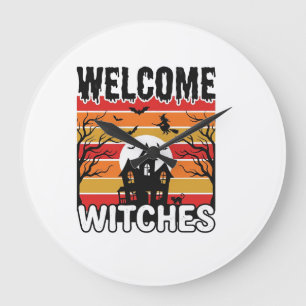 Willkommen Hexen Vintage Halloween Gravur Design Große Wanduhr