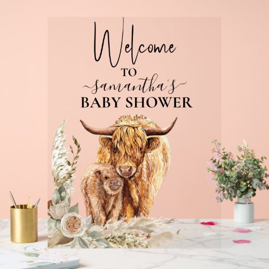 Willkommen Highland Cow Calf Baby Dusche Boho Acrylschild (Hochzeit)