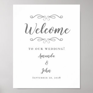 Willkommen Hochzeit Elegante Kalligrafie Grau Weiß Poster