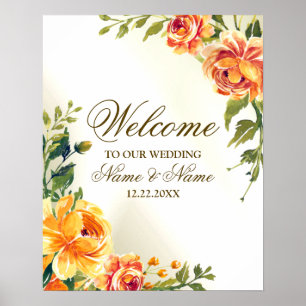 Willkommen Hochzeitsfeier Orange Gelb Rot Floral Poster