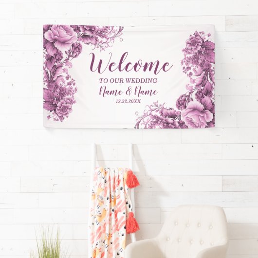 Willkommen Hochzeitsfeier Rosa Blume Elegante Mode Banner (Insitu)