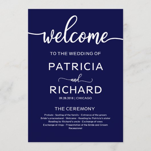 Willkommen Hochzeitsprogramm Calligraphy Navy Blue Programm (Vorderseite)
